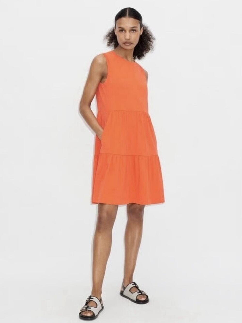 Me+Em Sleeveless Tiered Short Dress Cotton Slub Jersey In Orange Size 2